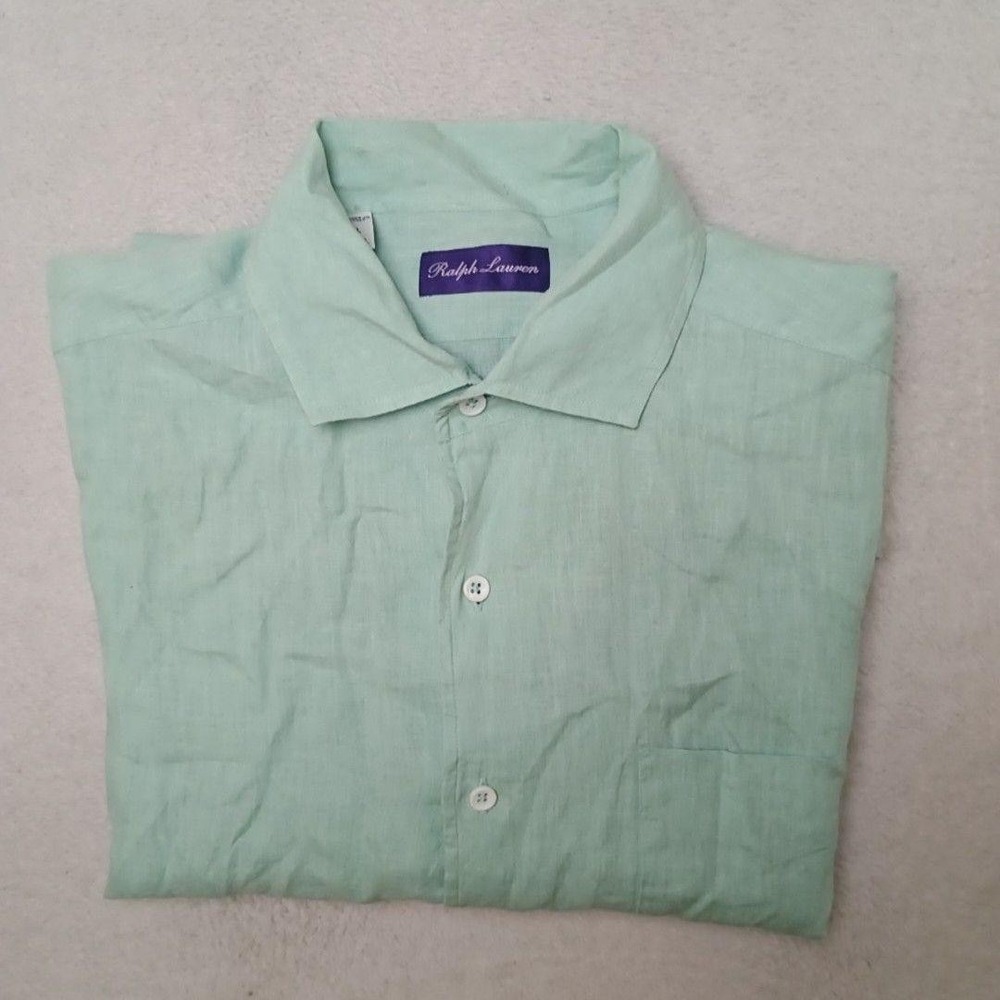 Ralph Lauren Purple Label Shirt Mens L Green Linen Button-Up Short Sleeve Italy